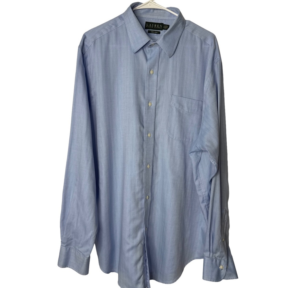 LAUREN RALPH LAUREN Men’s Blue Herringbone Button Long Sleeve Shirt 17.5 36/37